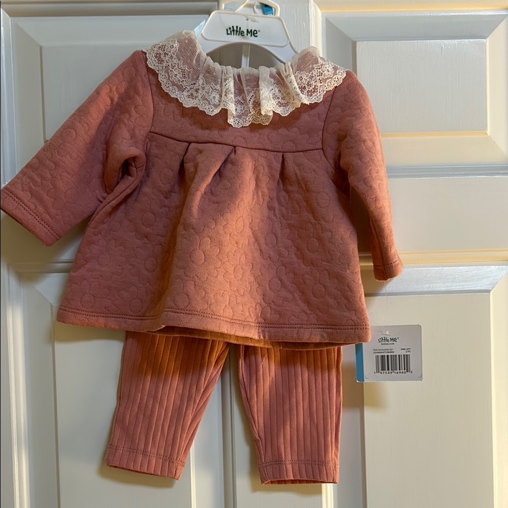 Little Me Pink Mauve Baby Outfit with Lace Collar 6 months